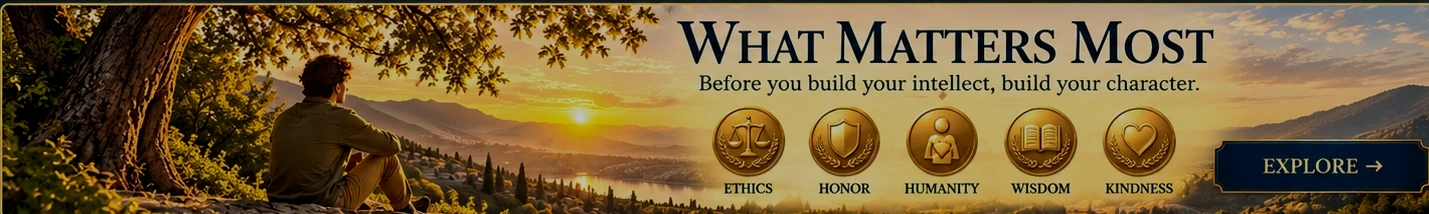 What Matters Most. Before you build your intellect, build your character. A person reflecting beneath a tree at sunrise, with five gold emblems for Ethics, Honor, Humanity, Wisdom, and Kindness, and an Explore invitation.